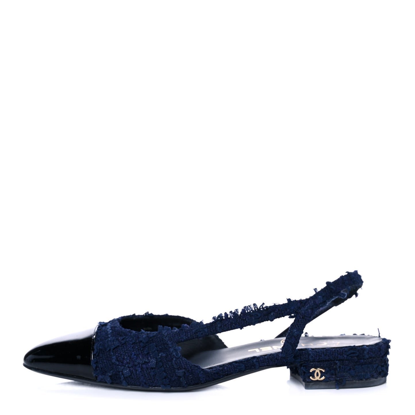 Tweed Patent Cap Toe CC Slingback Flats 38 Navy