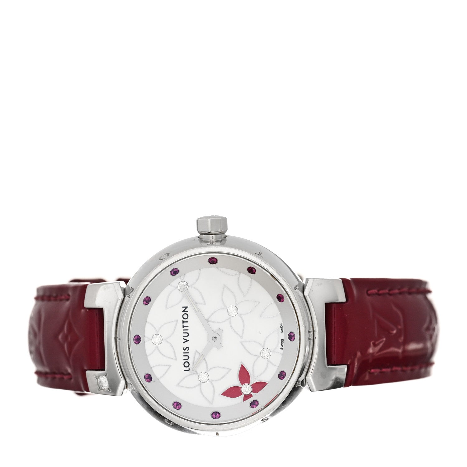 Louis Vuitton Stainless Steel Vernis Diamond Ruby Mother of Pearl 28mm Tambour Lovely Rack Quartz Watch Red 2 of 4