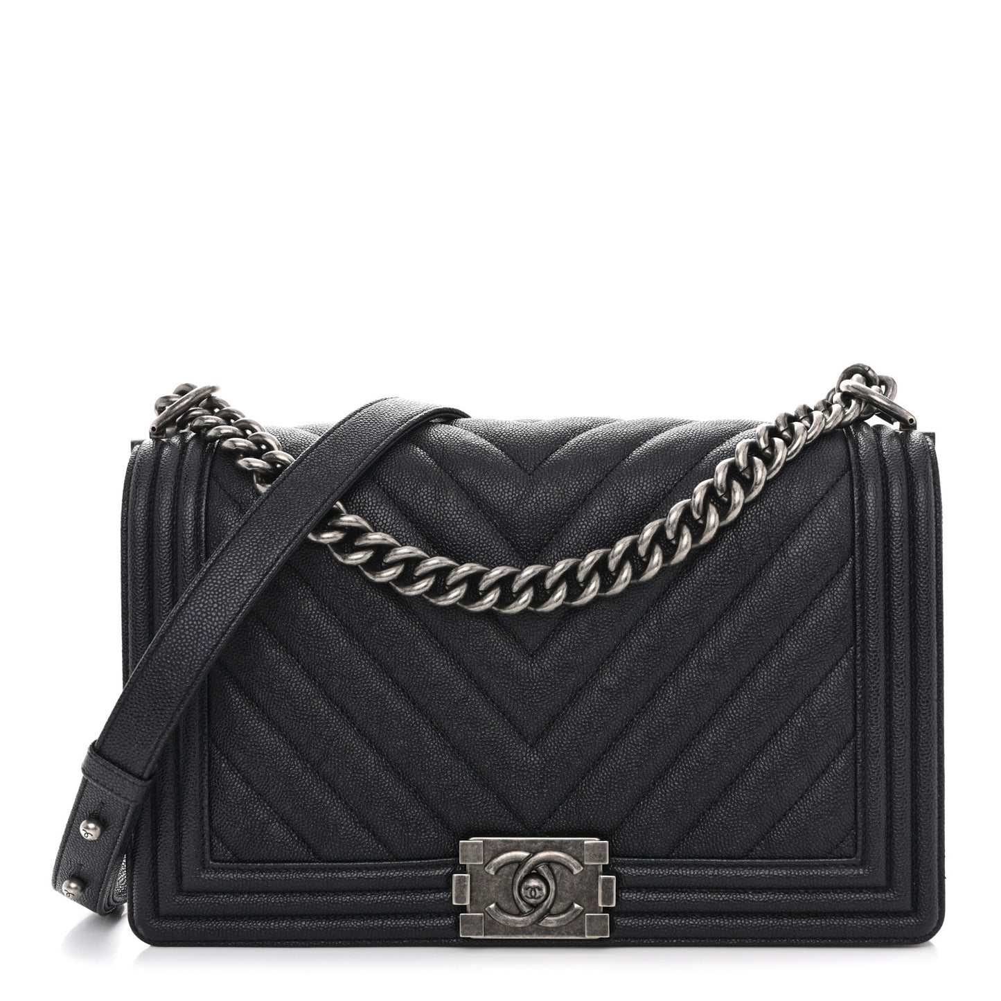 Caviar Chevron Quilted New Medium Boy Flap Dark Navy Blue