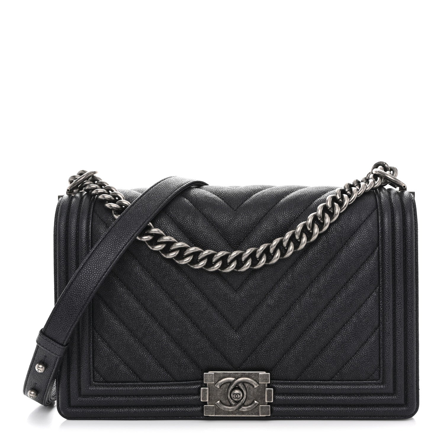 Chanel Caviar Chevron Quilted New Medium Boy Flap Dark Navy Blue 1 of 10