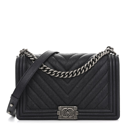 Chanel Caviar Chevron Quilted New Medium Boy Flap Dark Navy Blue 1 of 10