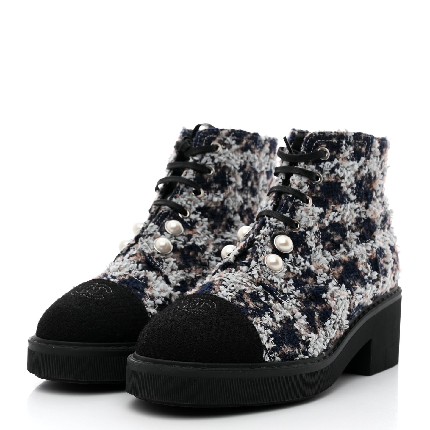 Tweed Patent Calfskin Pearl Combat Short Boots 39 Black Multicolor