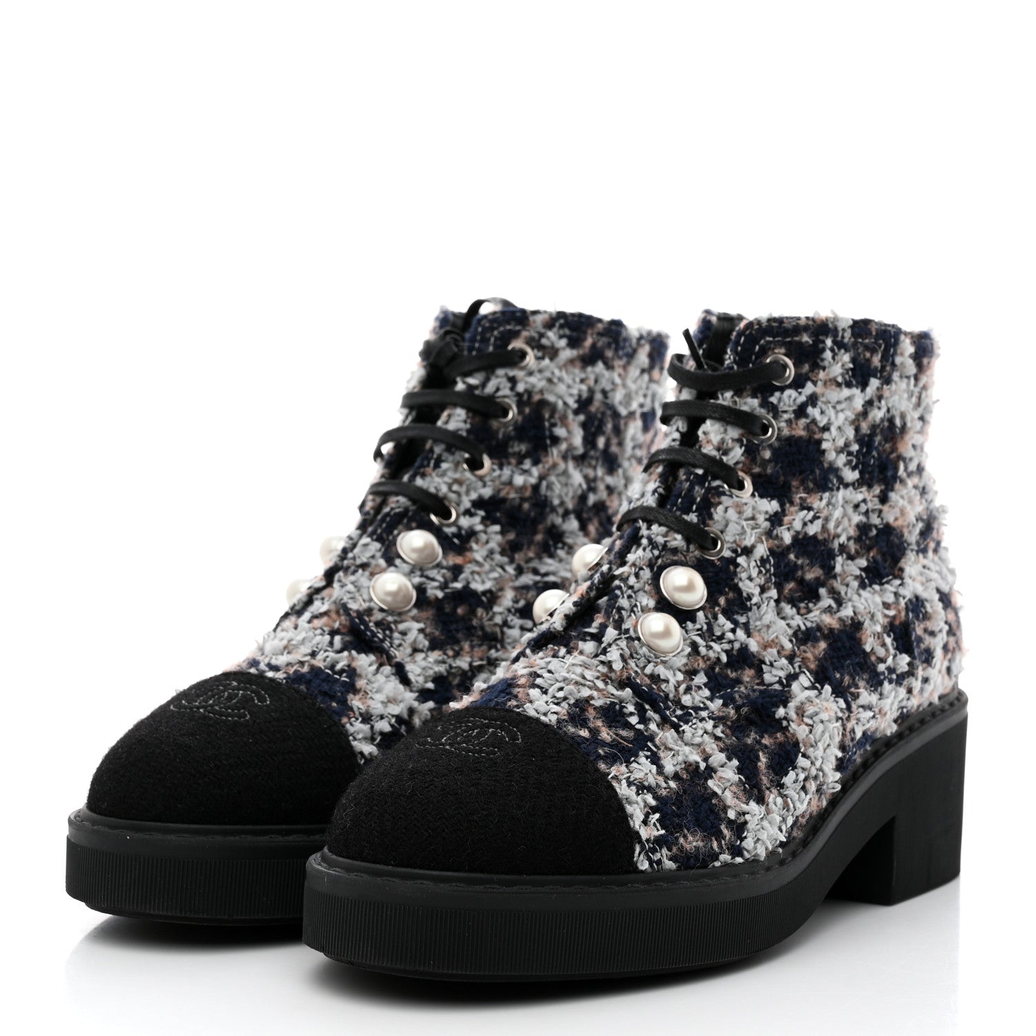 Chanel Tweed Patent Calfskin Pearl Combat Short Boots 39 Black Multicolor 3 of 8
