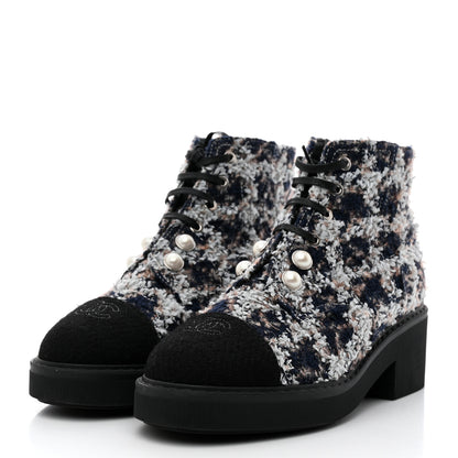 Chanel Tweed Patent Calfskin Pearl Combat Short Boots 39 Black Multicolor 3 of 8