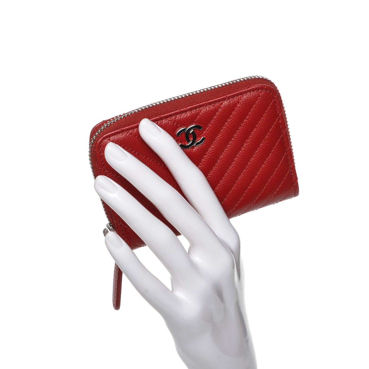 Caviar Chevron Quilted Zip Around Coin Purse Dark Red