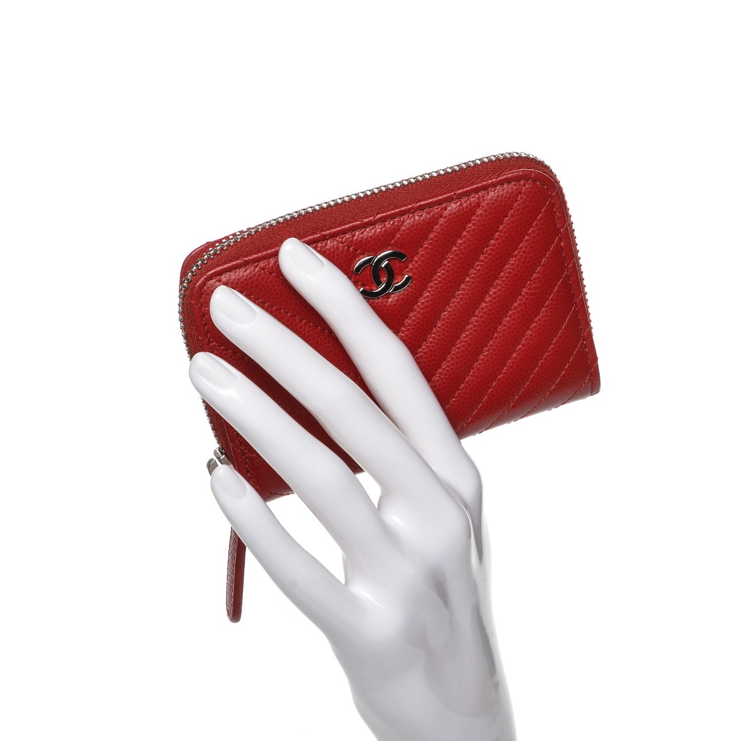 Chanel Caviar Chevron Quilted Zip Around Coin Purse Dark Red 2 of 7