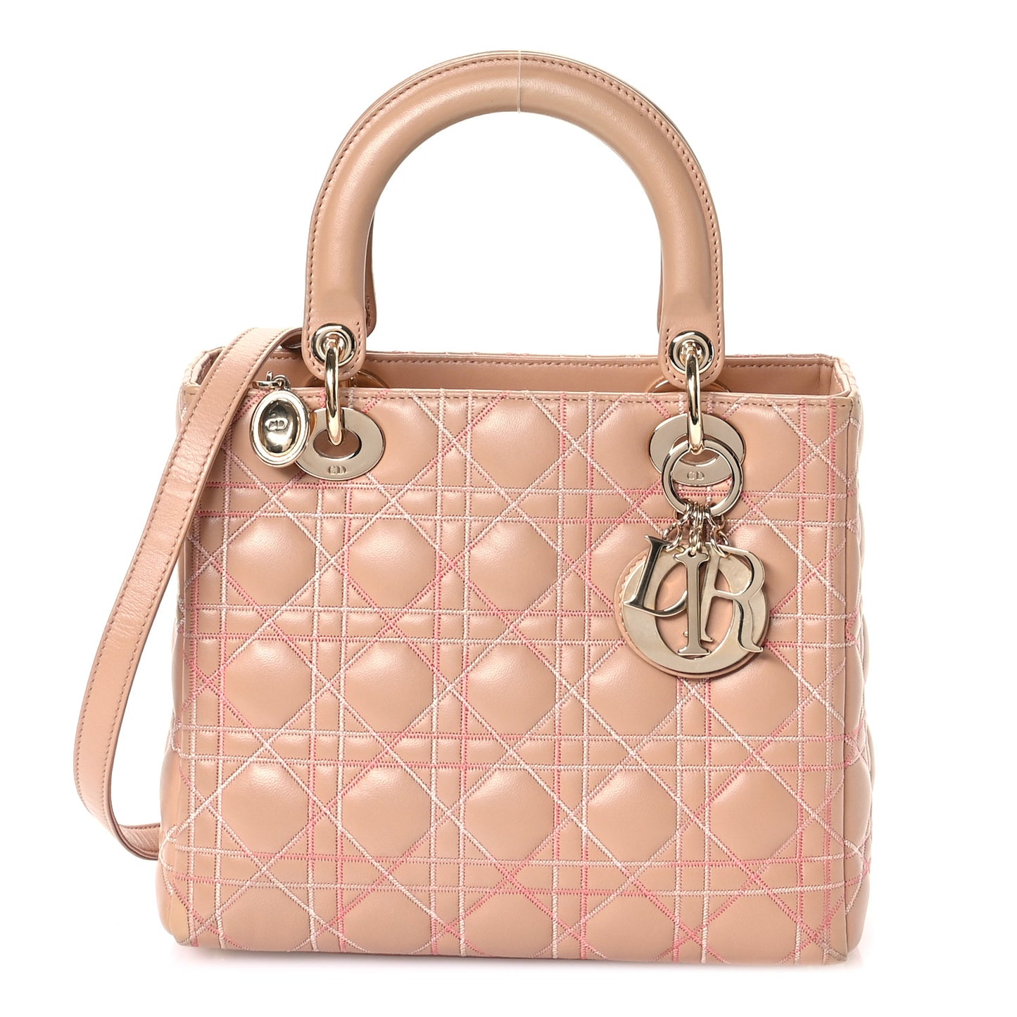 Lambskin Cannage Contrast Stitch Medium Lady Dior Beige