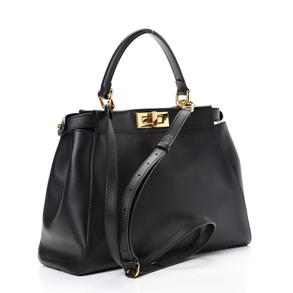 Fendi Vitello Morgan Fabric Jacquard Pequin Medium Peekaboo Iconic Satchel Black Tobacco 3 of 12