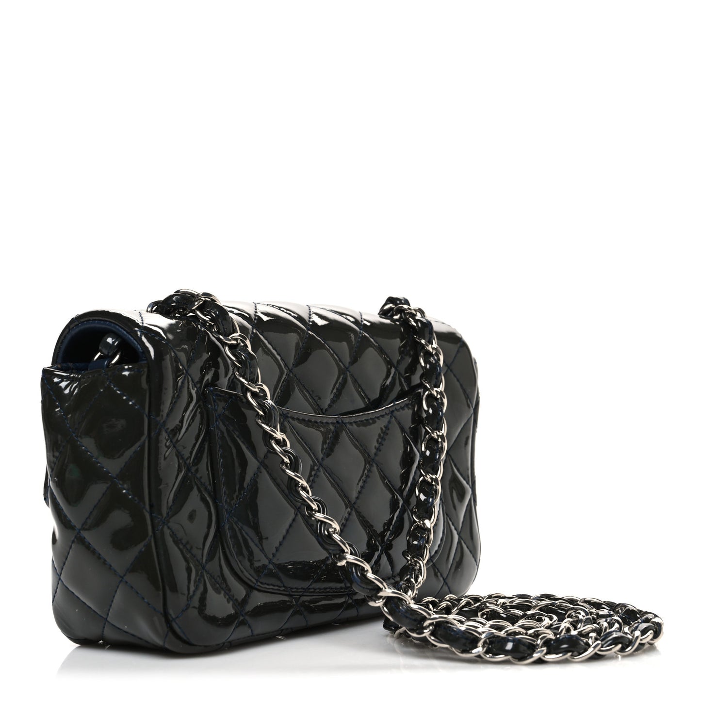 Patent Calfskin Quilted Mini Rectangular Flap Navy Blue