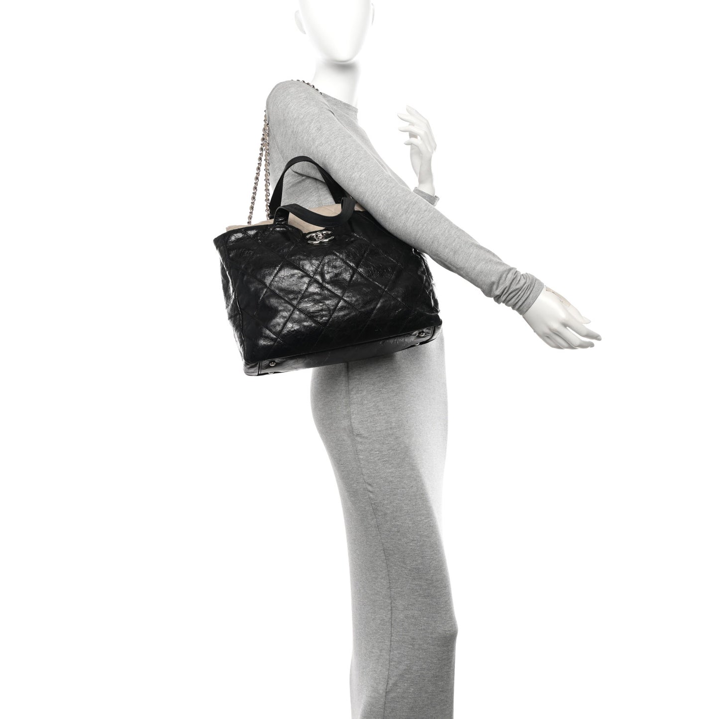 Glazed Calfskin Quilted Portobello Tote Black Beige