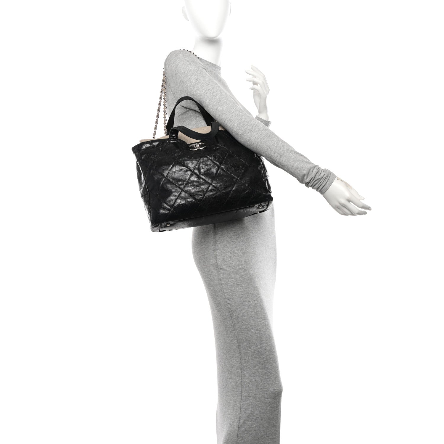 Chanel Glazed Calfskin Quilted Portobello Tote Black Beige 2 of 14