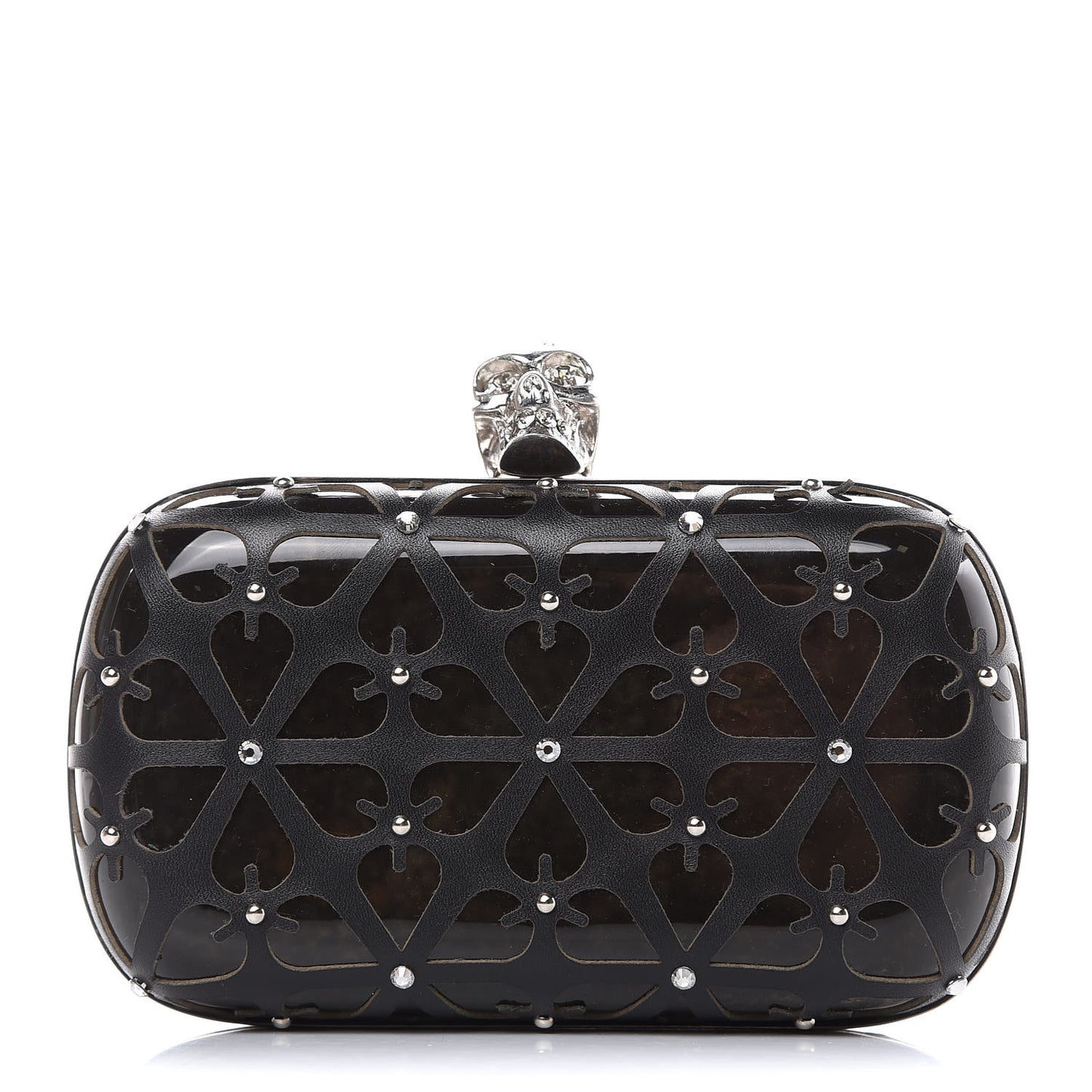 Lambskin Cutout Embellished Skull Box Clutch Black