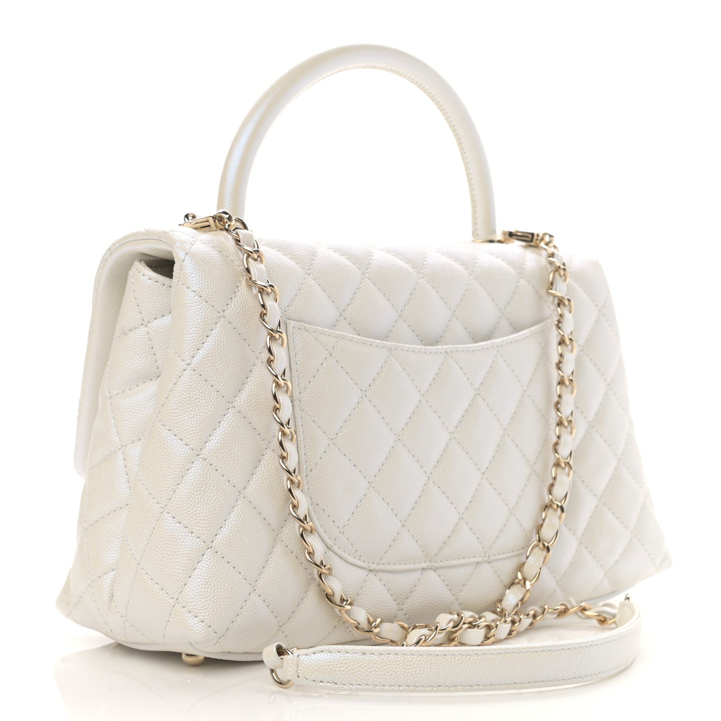 Iridescent Caviar Quilted Small Coco Handle Flap White