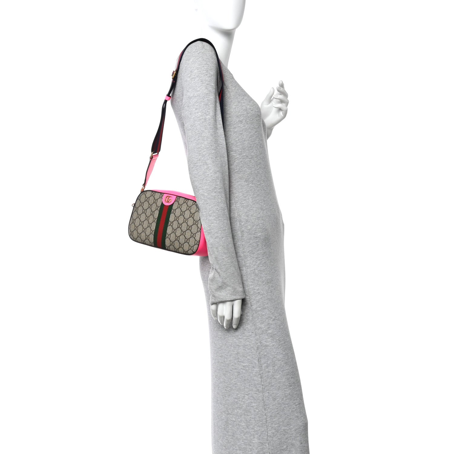 Gucci GG Supreme Monogram Textured Dollar Calfskin Web Ophidia Small Crossbody Bag Beige Ebony Fuchsia 2 of 10