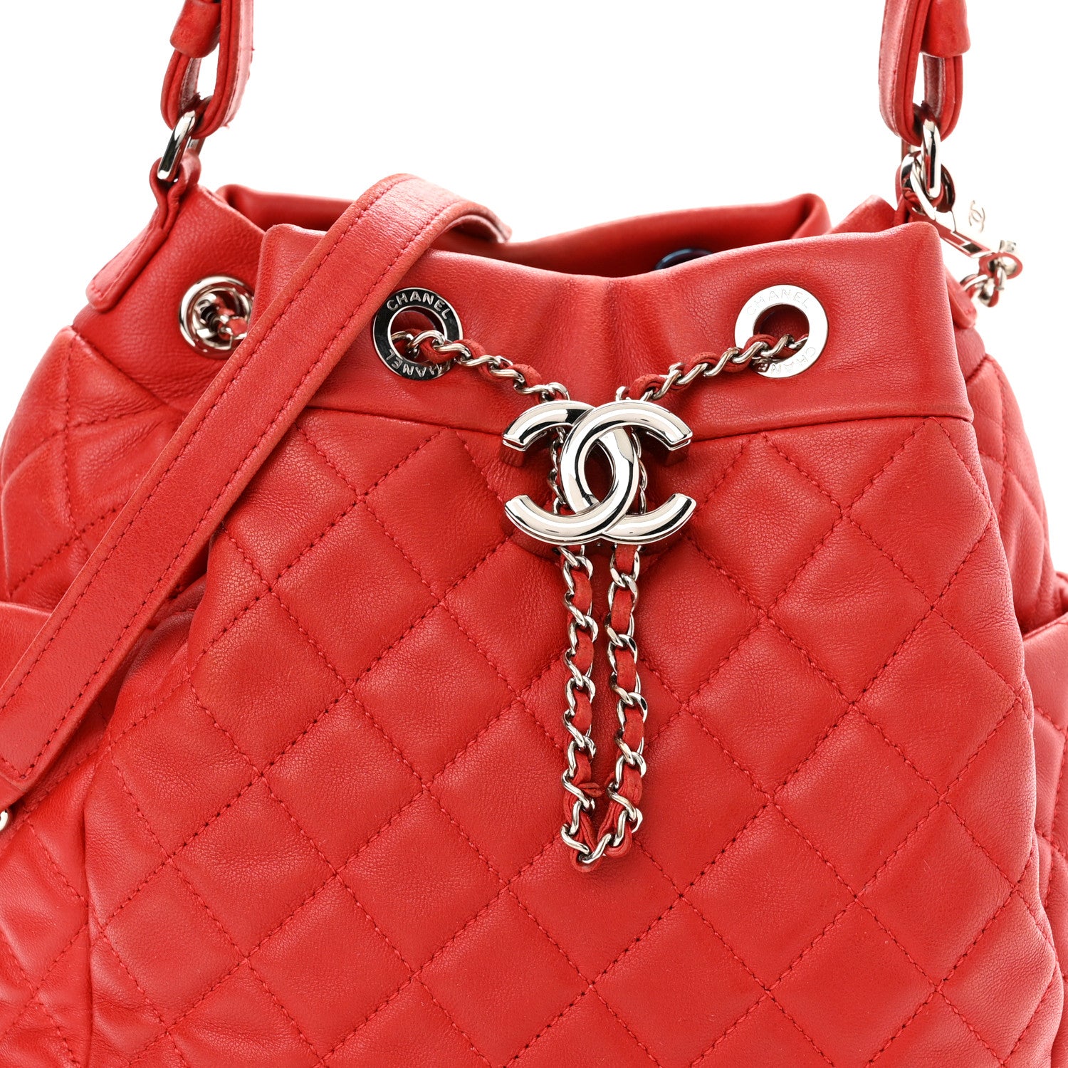 Chanel Lambskin Quilted Small CC Chain Drawstring Bucket Bag Red 7 of 10