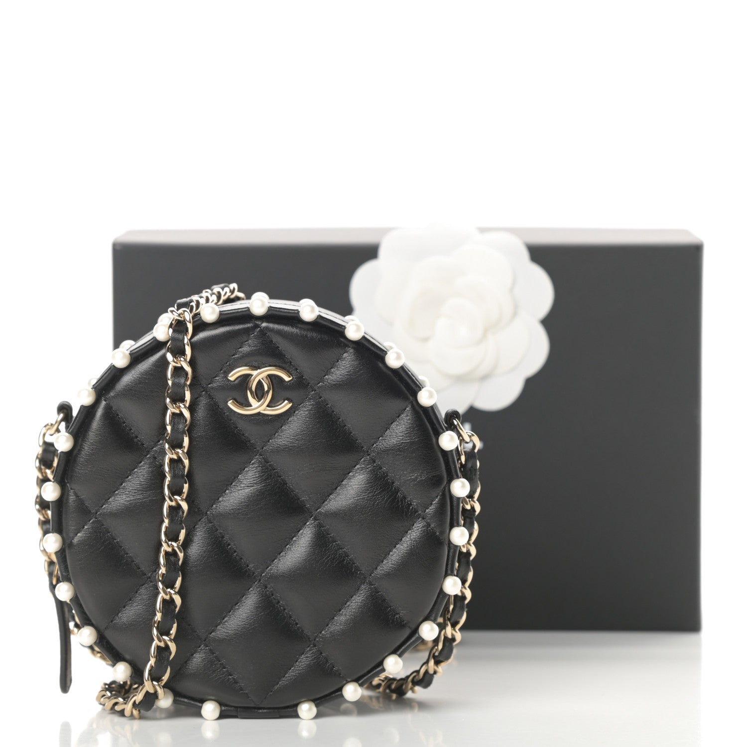 Chanel Calfskin Quilted Pearl Round Clutch With Chain Black 10 of 10