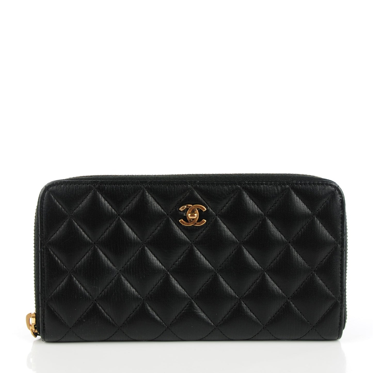 Textured Lambskin Quilted Large Gusset Zip Around Wallet Black