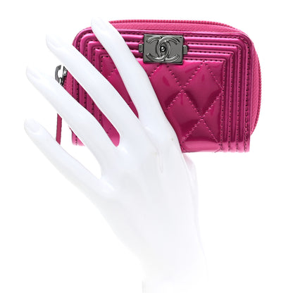 Chanel Metallic Patent Quilted Zip Around Boy Coin Purse Wallet Fuchsia 2 of 7