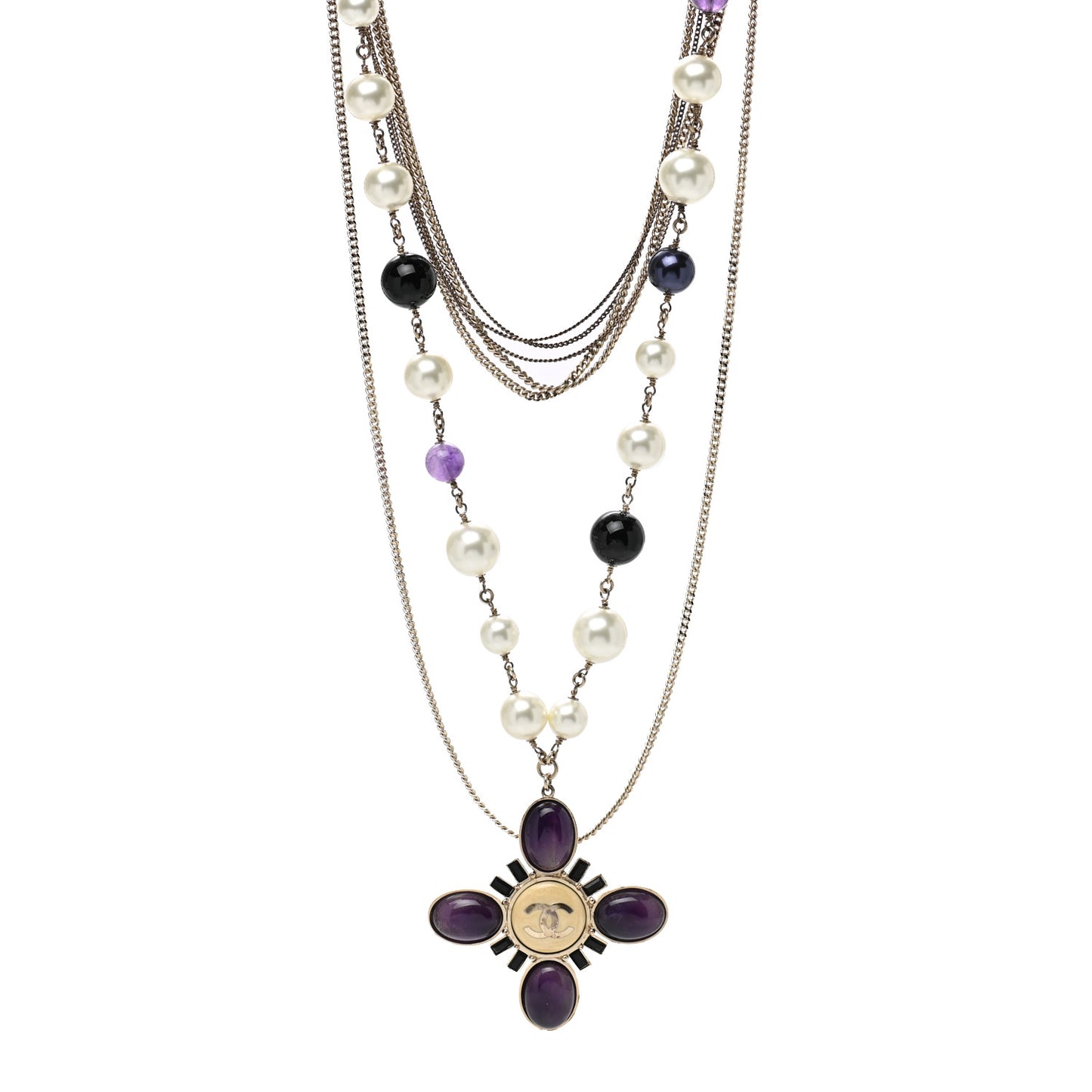 Gripoix Pearl CC Layered Pendant Necklace White Purple