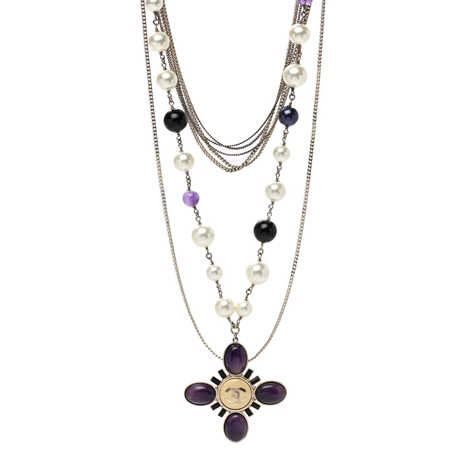 Chanel Gripoix Pearl CC Layered Pendant Necklace White Purple 1 of 5