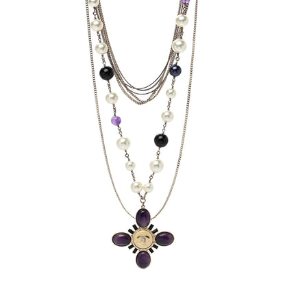 Chanel Gripoix Pearl CC Layered Pendant Necklace White Purple 1 of 5