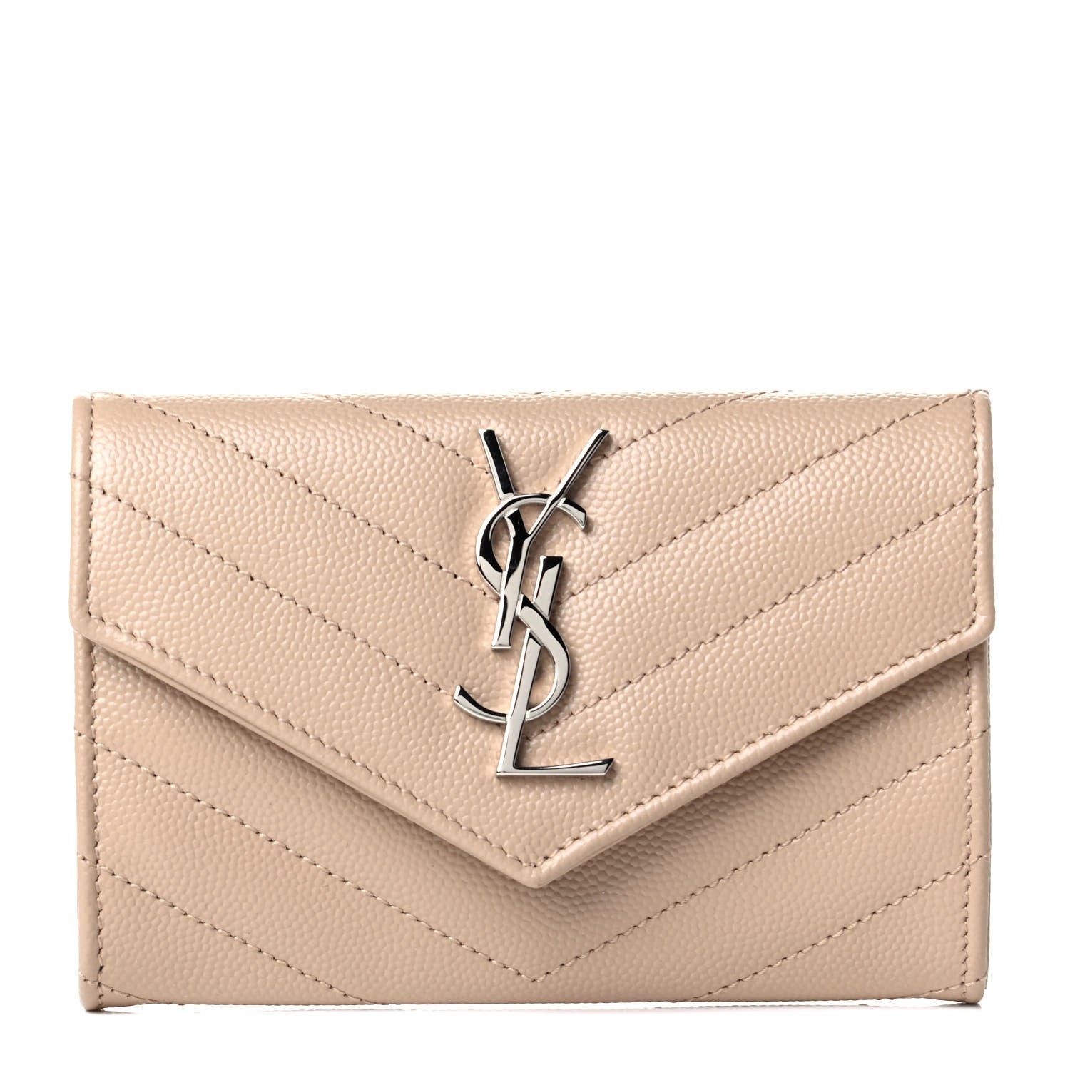 Saint Laurent Grain De Poudre Matelasse Chevron Small Monogram Envelope Wallet Dark Beige 1 of 5