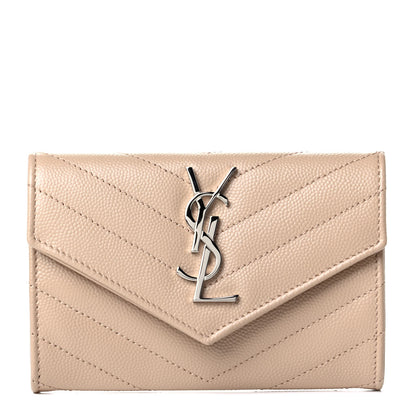Saint Laurent Grain De Poudre Matelasse Chevron Small Monogram Envelope Wallet Dark Beige 1 of 5