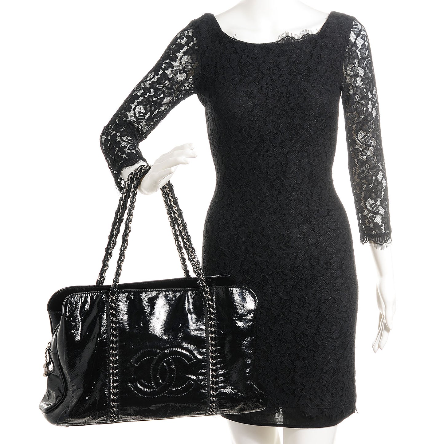 Patent Calfskin Large Luxe Ligne Tote Black