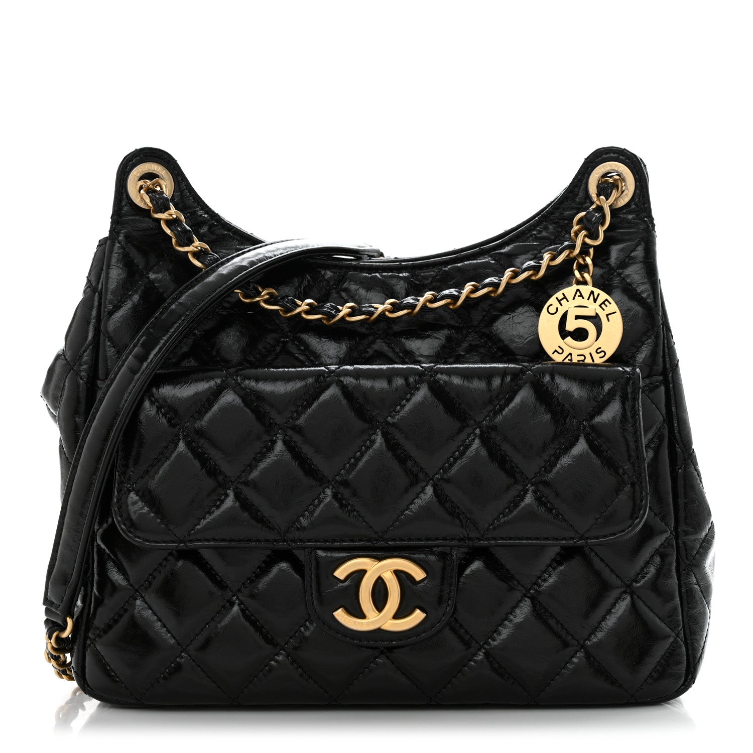 Chanel Shiny Crumpled Calfskin Quilted Wavy CC Hobo Black 1 of 10