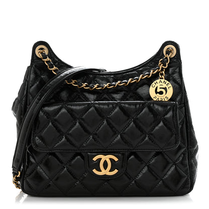 Chanel Shiny Crumpled Calfskin Quilted Wavy CC Hobo Black 1 of 10