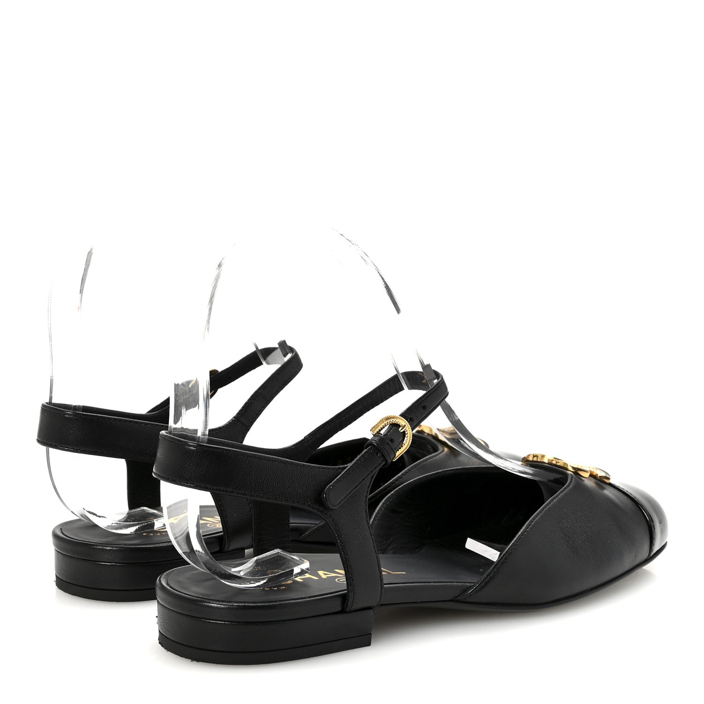Lambskin Patent Cap Toe Crystal Enamel CC Mary Jane Slingback Flats 37 Black