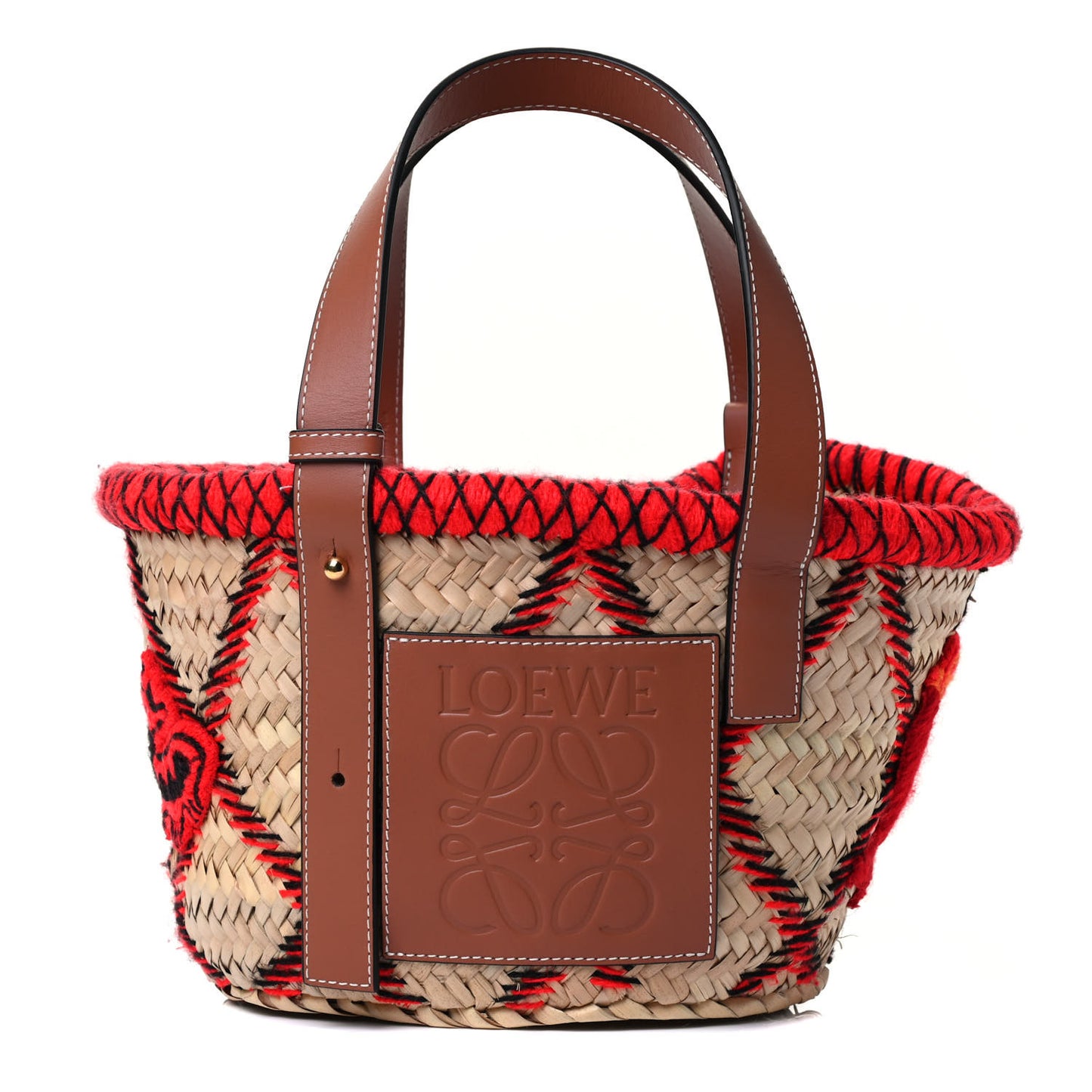 Embroidered Raffia Basket Tote Bag Natural Tan Red