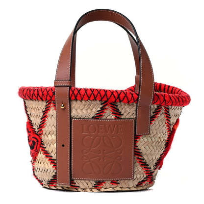 Loewe Embroidered Raffia Basket Tote Bag Natural Tan Red 1 of 4