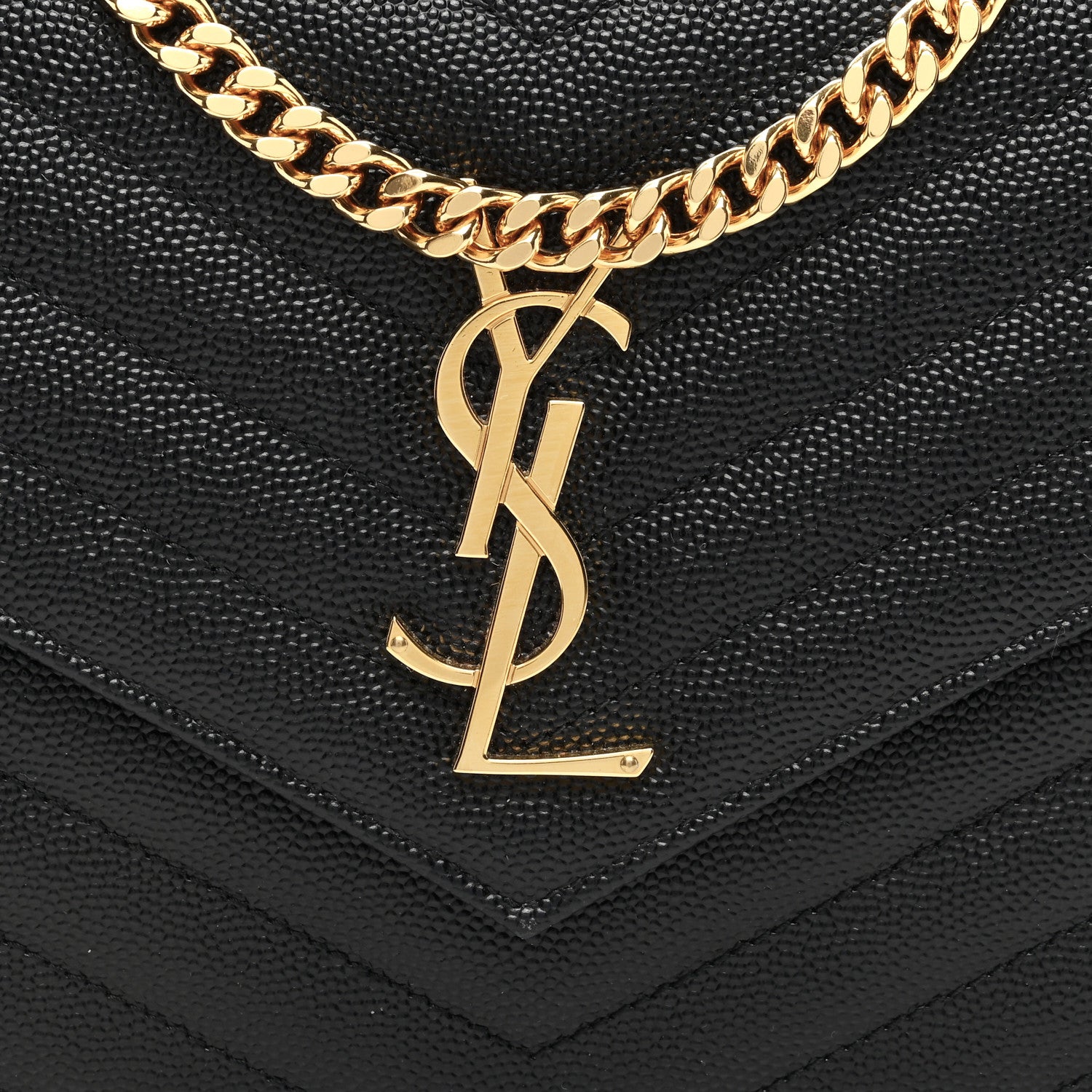 Saint Laurent Grain De Poudre Matelasse Chevron Monogram Chain Wallet Black 7 of 9