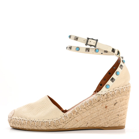 Grained Calfskin Turquoise Rockstud Rolling Ankle Wrap Espadrille 20mm Flats 40 Light Ivory Natural