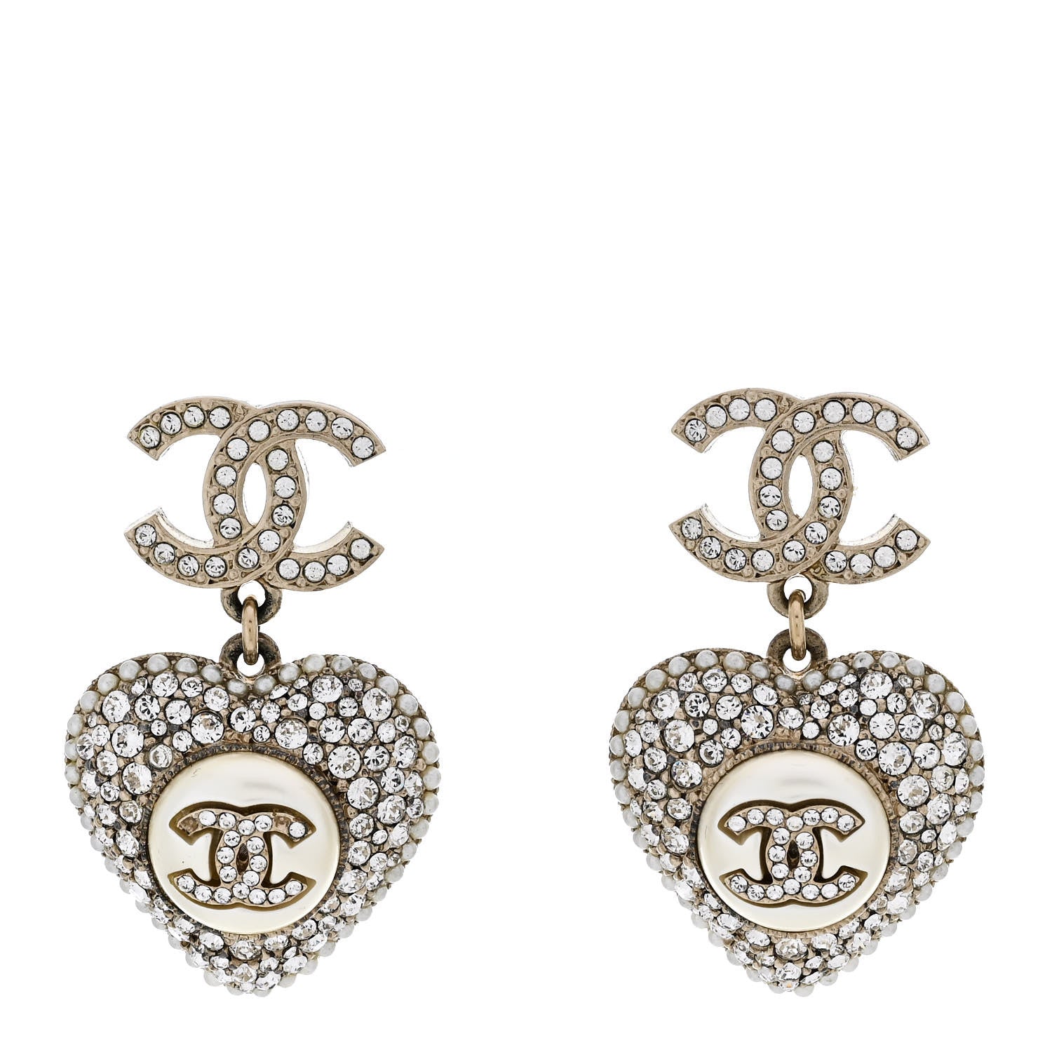 Chanel Pearl Crystal CC Heart Drop Earrings Gold White 1 of 5