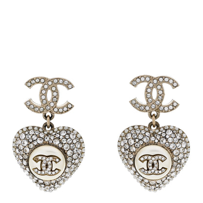Chanel Pearl Crystal CC Heart Drop Earrings Gold White 1 of 5