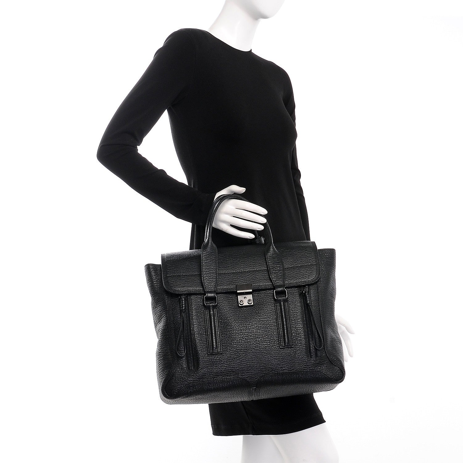 3.1 Phillip Lim 3.1 Textured Calfskin Large Pashli Satchel Black 3 of 7