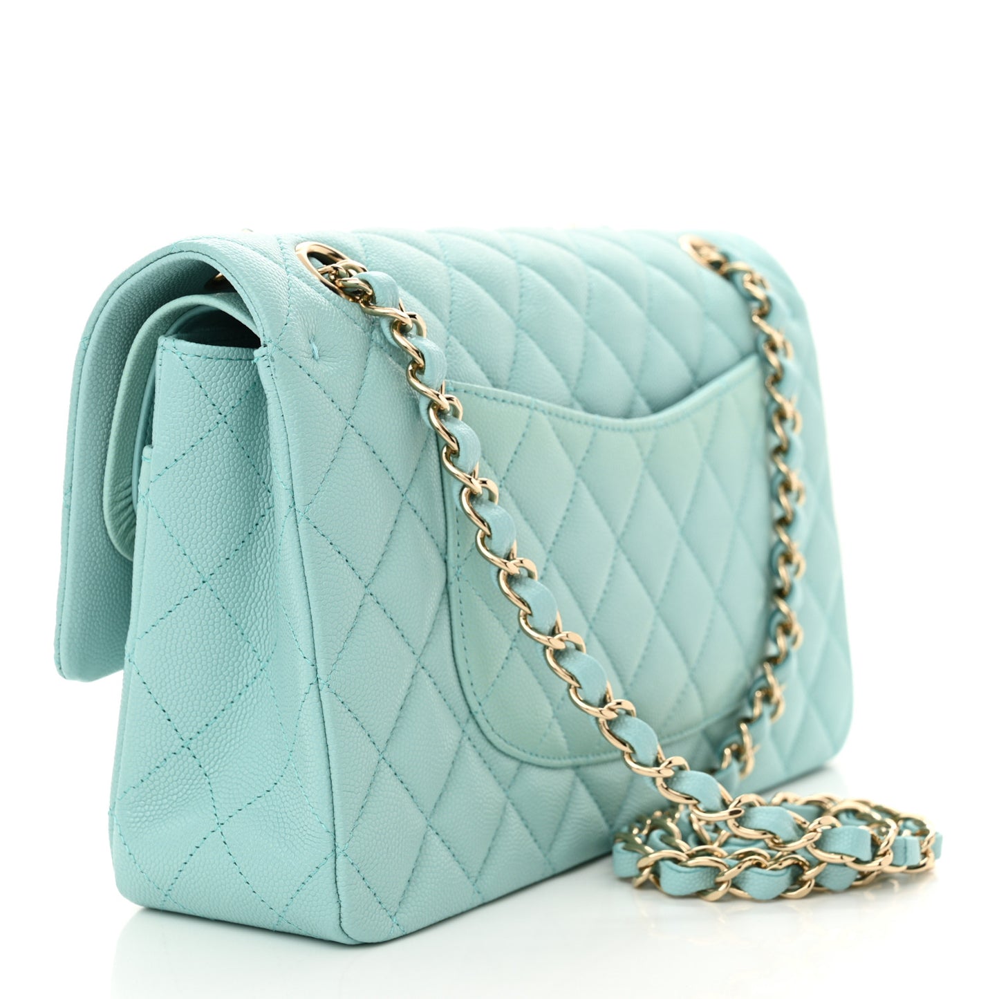 Caviar Quilted Medium Double Flap Light Blue