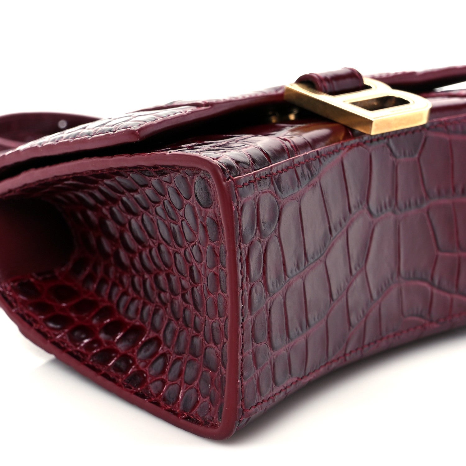 Balenciaga Shiny Calfskin Crocodile Embossed Hourglass Top Handle Bag XS Dark Red 9 of 10