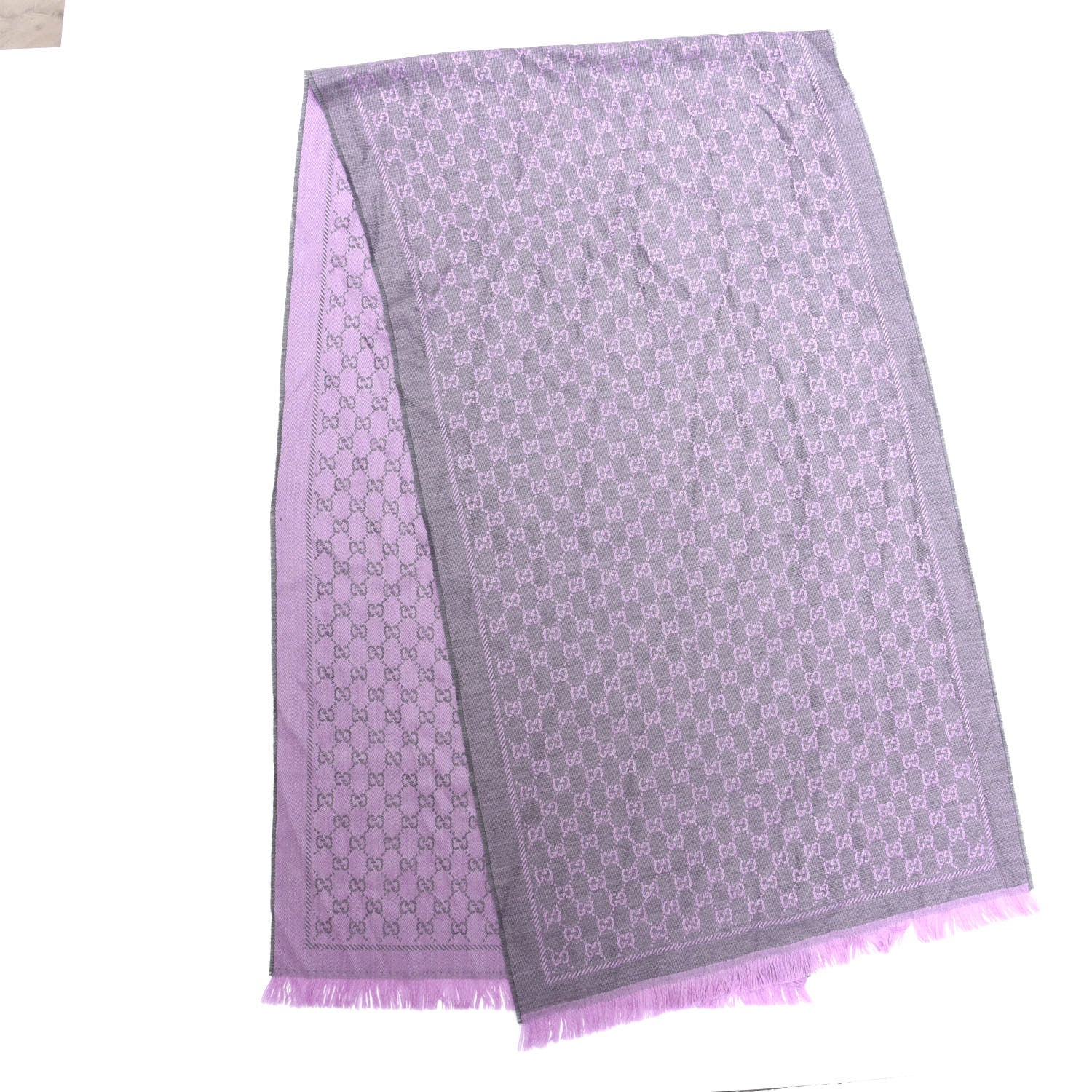 Gucci Wool GG Monogram Reversible New Sten Fringe Scarf Flannel Light Purple 2 of 4