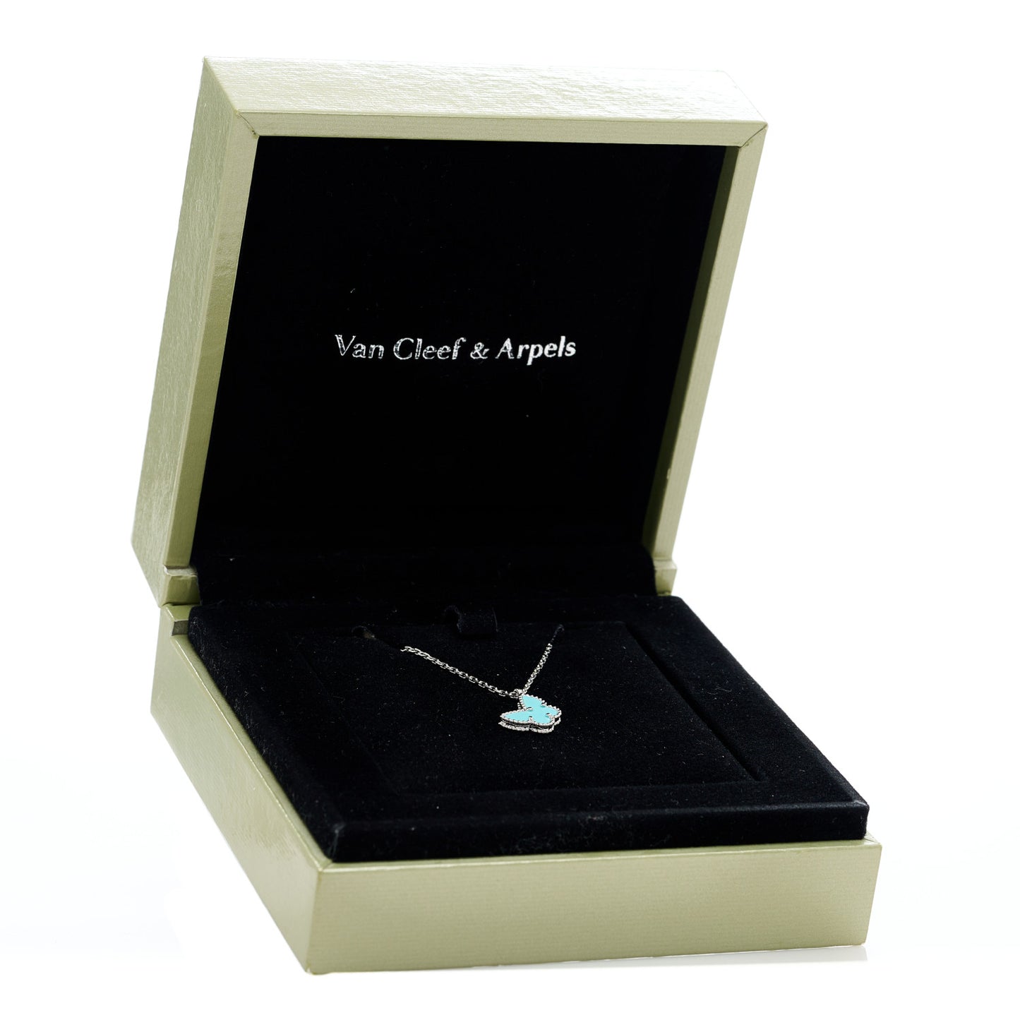 18K White Gold Turquoise Sweet Alhambra Butterfly Pendant Necklace