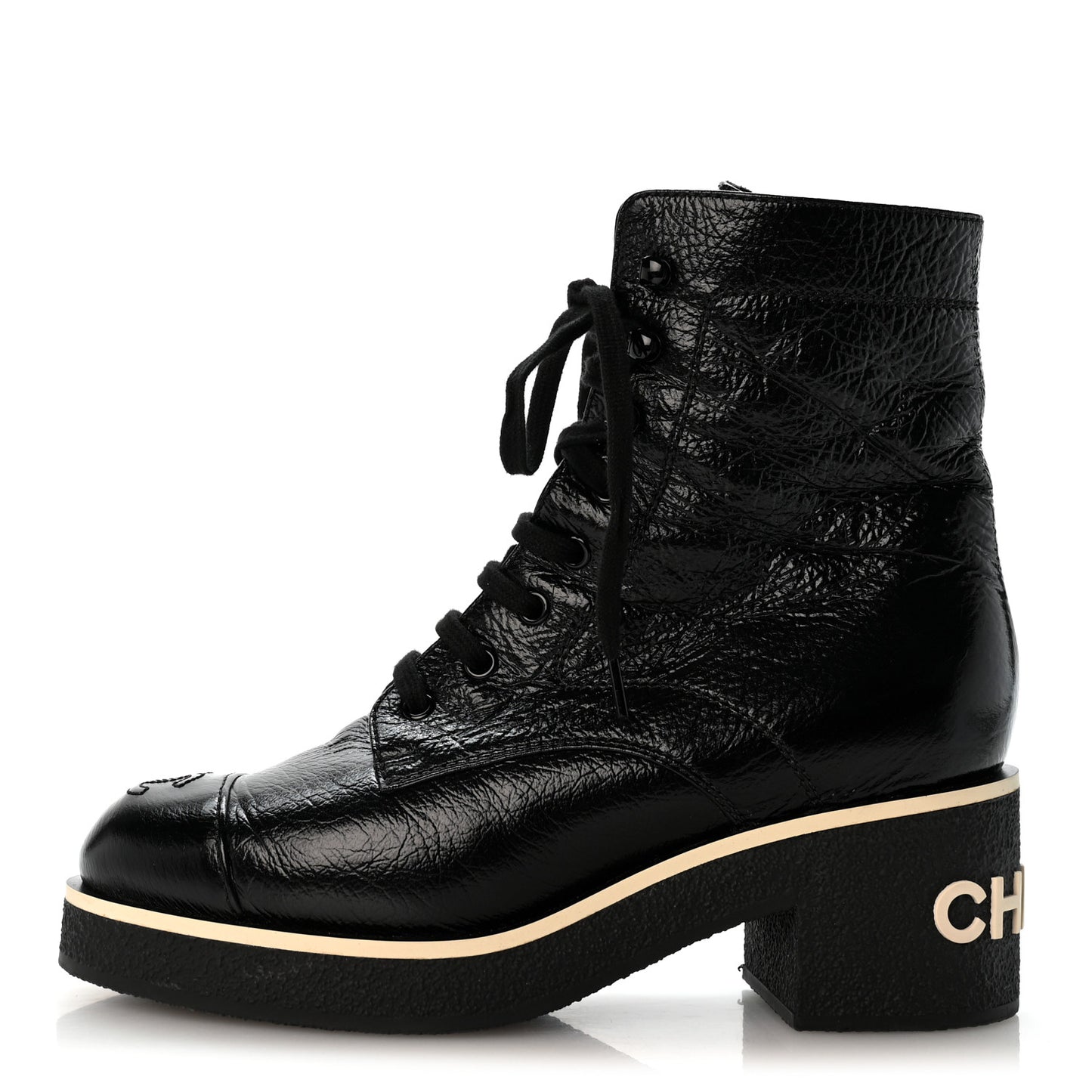 Shiny Crumpled Lambskin Lace Up Combat Boots 38 Black