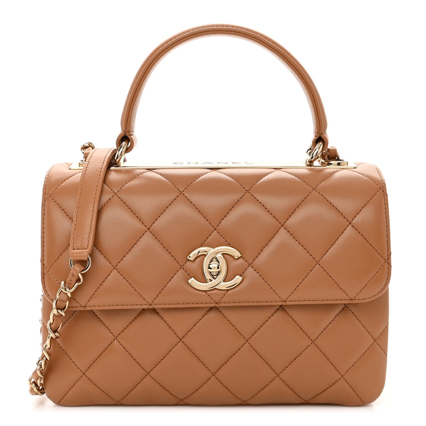 Lambskin Quilted Small Trendy CC Flap Dual Handle Bag Camel
