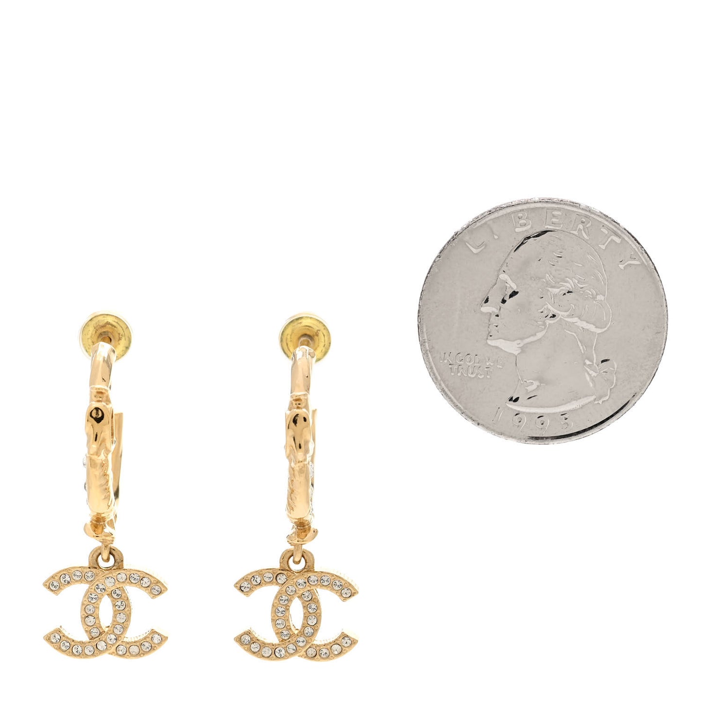 Metal Crystal Studded CC Hoop Drop Earrings Gold