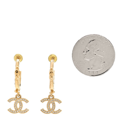 Chanel Metal Crystal Studded CC Hoop Drop Earrings Gold 2 of 4