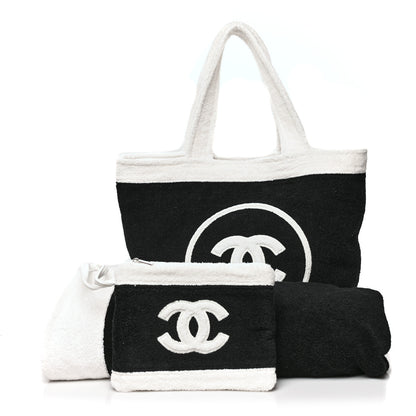 Chanel Terry Cotton CC Beach Tote Towel Set Black White 1 of 12