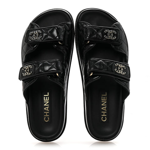 Lambskin Quilted Velcro Dad Chain CC Slide Sandals 38 Black