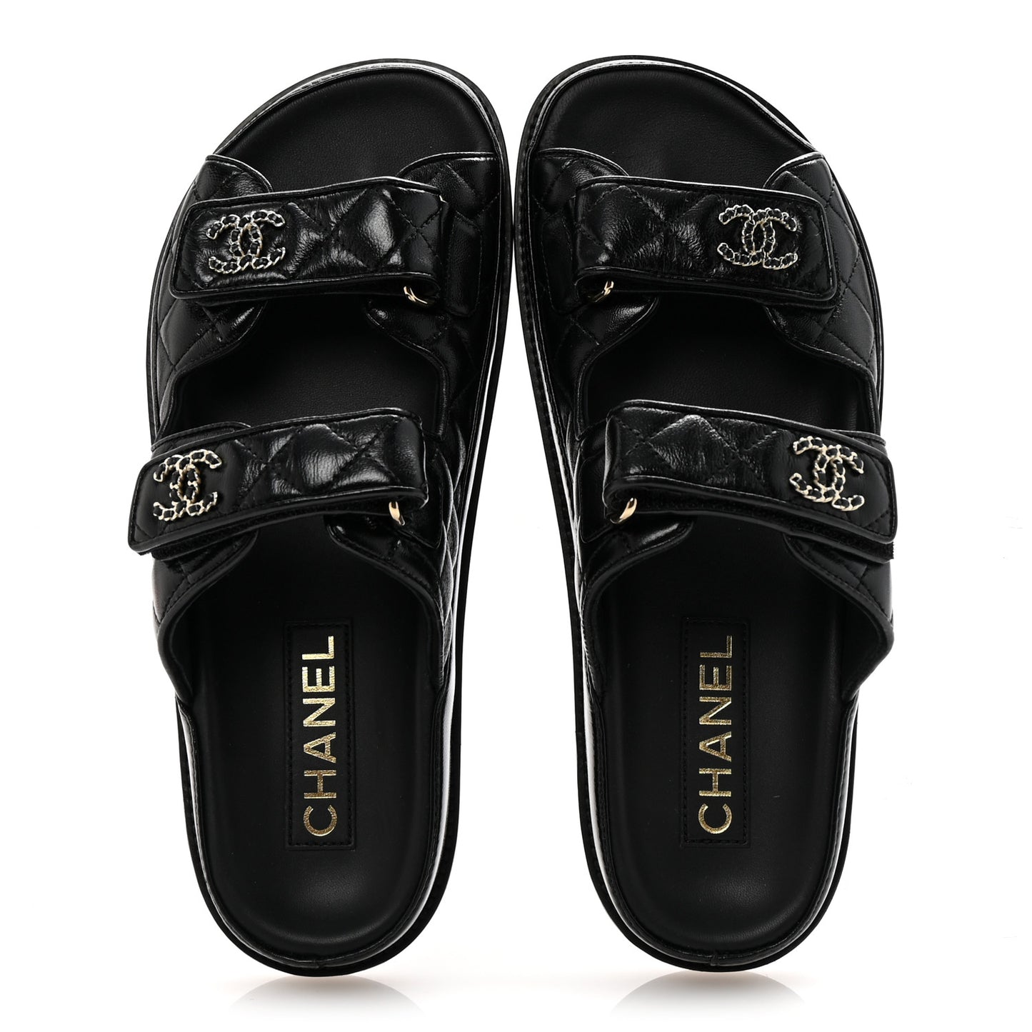 Lambskin Quilted Velcro Dad Chain CC Slide Sandals 38 Black
