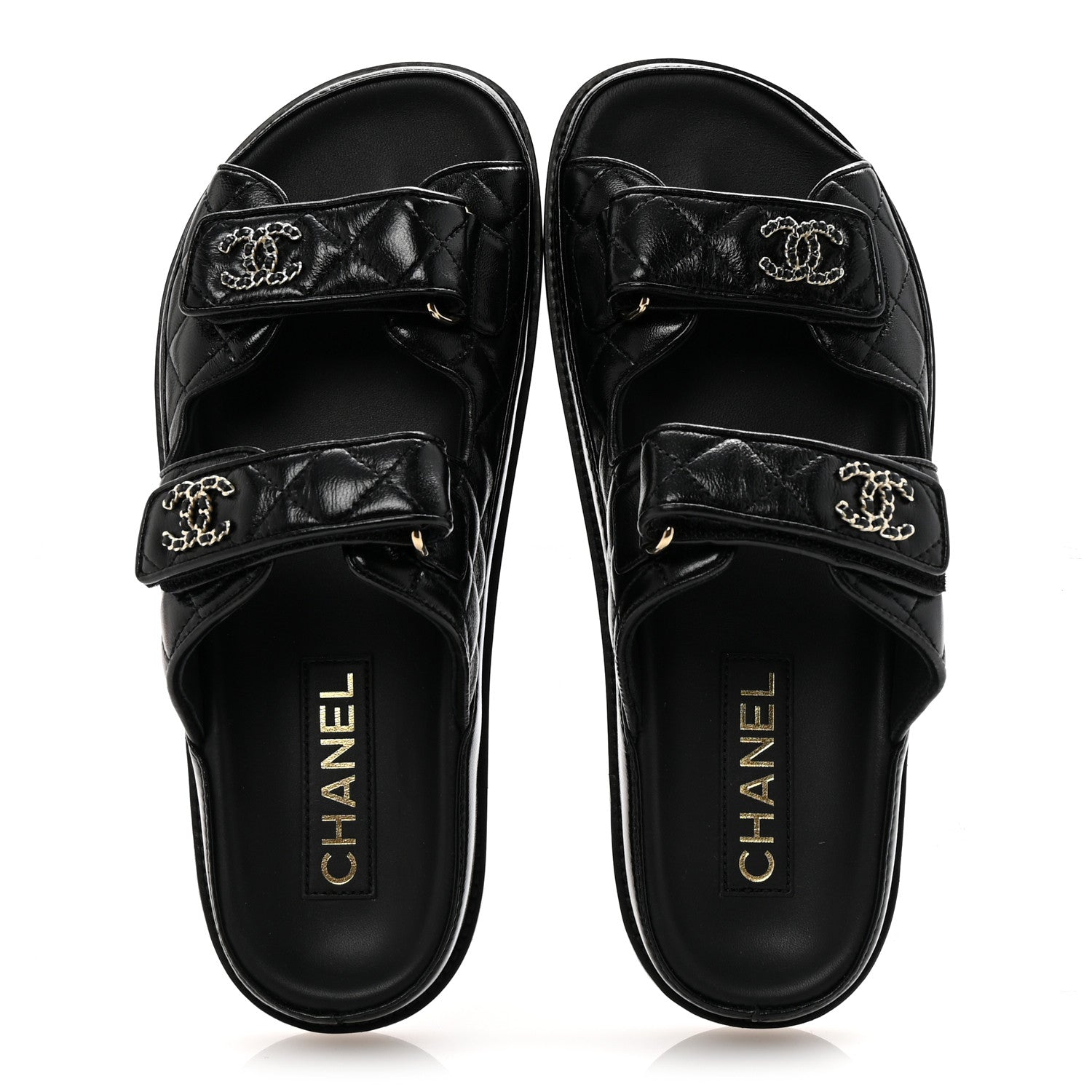 Chanel Lambskin Quilted Velcro Dad Chain CC Slide Sandals 38 Black 2 of 10